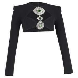 David Koma Jewel-Embellished Long Sleeve Crop Top in Black Acetate
